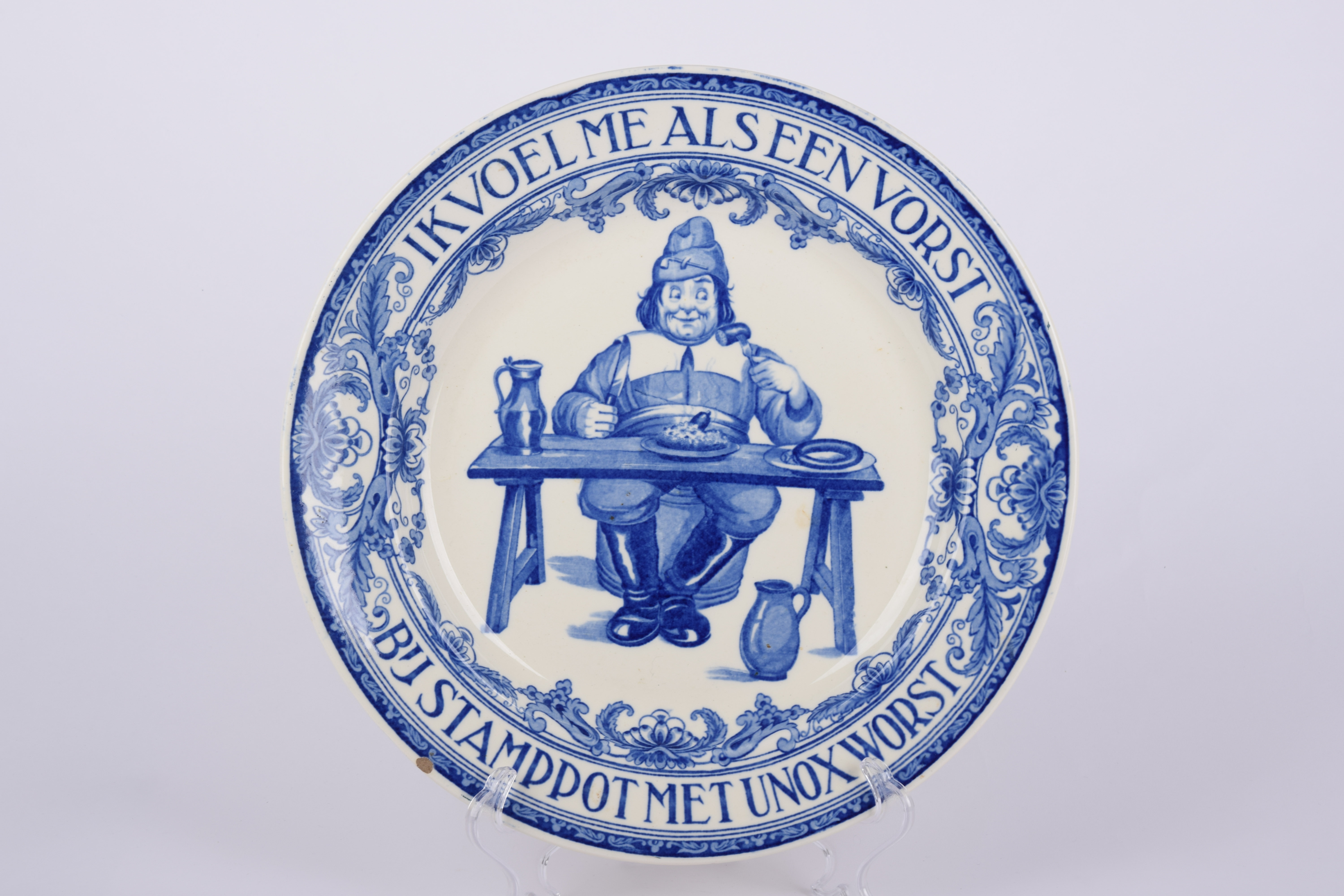 Delfts Blauw bord 'Ik voel me als een vorst bij stampot met unoxworst'
