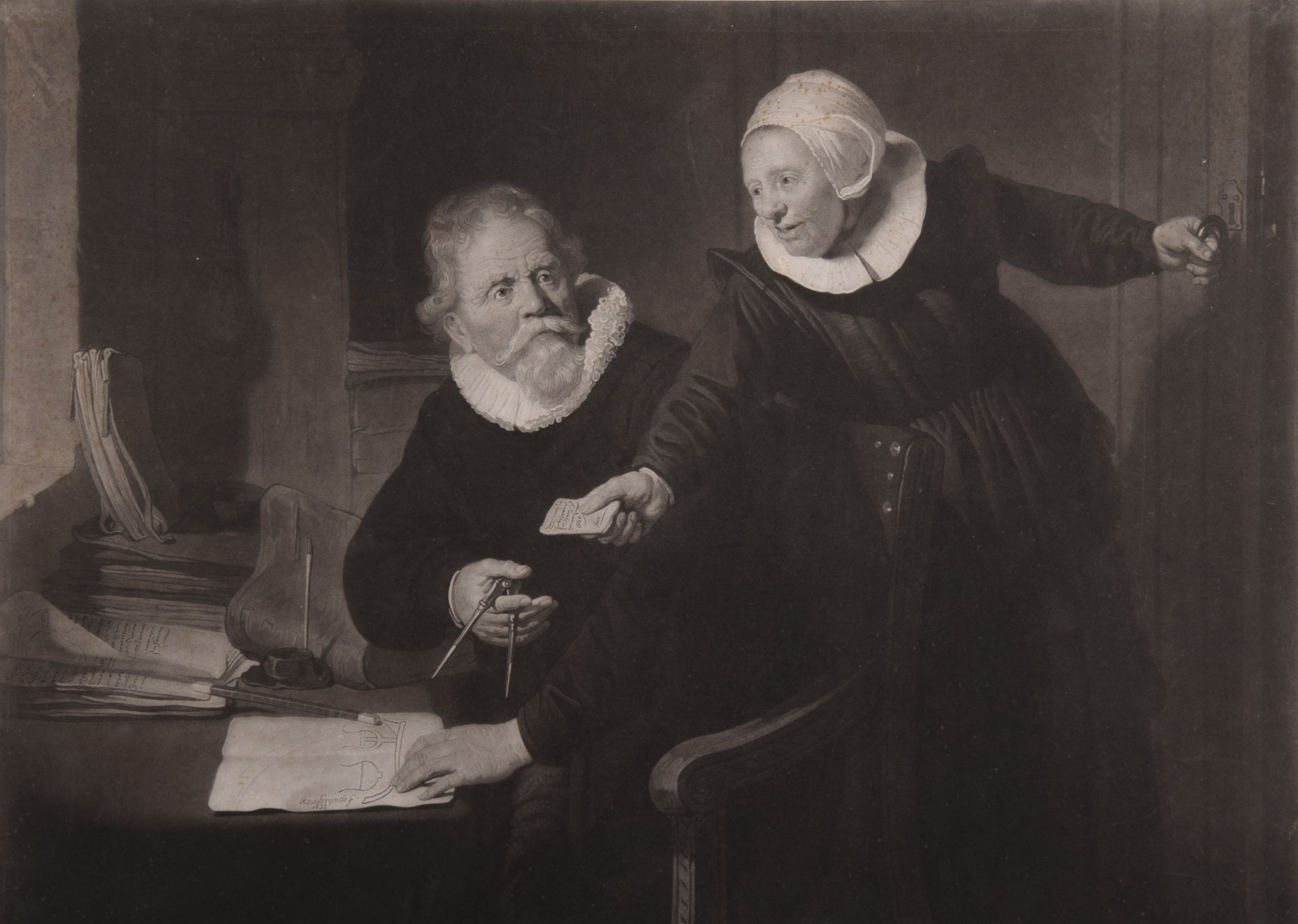 Hodges, C.H. (1764-1837) naar Rembrandt - De Scheepsbouwmeester   Ets, Mezzotint - Gesigneerd in de plaat - 1802