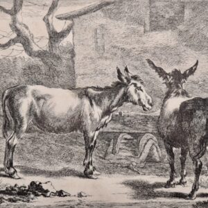 Cornelis Visscher naar ontwerp van Nicolaes Pietersz. Berchem (XVII) - Moeder met kind rijdend op een ezel